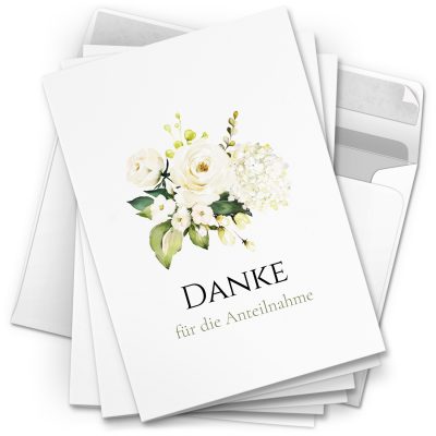Danksagungskarten Trauer – 10 Stück mit Umschlägen – Motiv: Weisse Rosen – Trauerkarten Danksagung mit Text – Dankeskarten Trauer nach Beerdigung