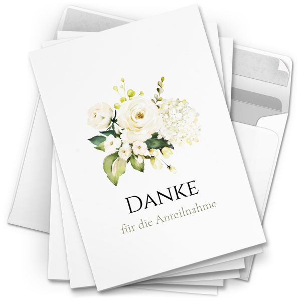 Danksagungskarten Trauer – 10 Stück mit Umschlägen – Motiv: Weisse Rosen – Trauerkarten Danksagung mit Text – Dankeskarten Trauer nach Beerdigung