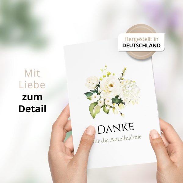 Danksagungskarten Trauer – 10 Stück mit Umschlägen – Motiv: Weisse Rosen – Trauerkarten Danksagung mit Text – Dankeskarten Trauer nach Beerdigung – Bild 2
