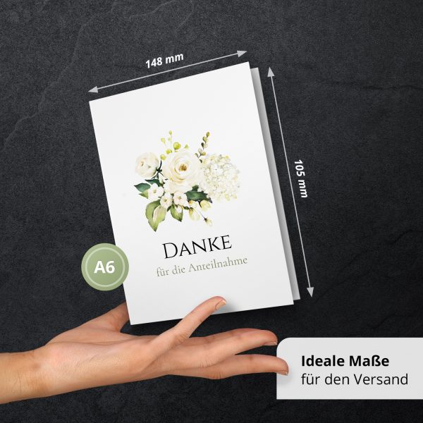 Danksagungskarten Trauer – 10 Stück mit Umschlägen – Motiv: Weisse Rosen – Trauerkarten Danksagung mit Text – Dankeskarten Trauer nach Beerdigung – Bild 4