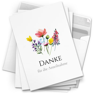 Danksagungskarten Trauer – 10 Stück mit Umschlägen – Motiv: Blumen Mix – Trauerkarten Danksagung mit Text – Dankeskarten Trauer nach Beerdigung