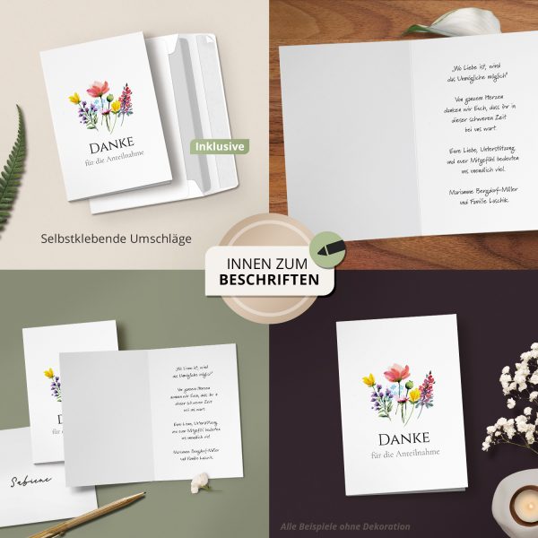 Danksagungskarten Trauer – 10 Stück mit Umschlägen – Motiv: Blumen Mix – Trauerkarten Danksagung mit Text – Dankeskarten Trauer nach Beerdigung – Bild 3