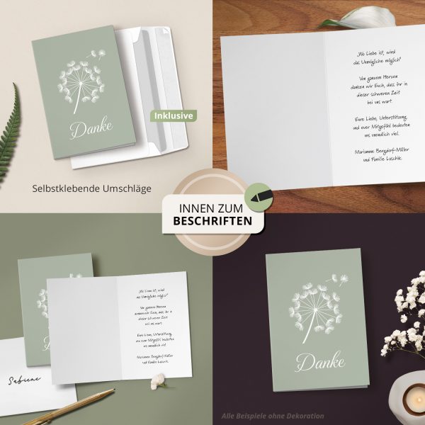 Danksagungskarten Trauer – 10 Stück mit Umschlägen – Motiv: Pusteblume Mint – Trauerkarten Danksagung mit Text – Dankeskarten Trauer nach Beerdigung – Bild 3