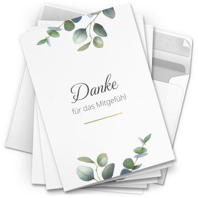 Danksagungskarten Trauer – 10 Stück mit Umschlägen – Motiv: Eukalyptus – Trauerkarten Danksagung mit Text – Dankeskarten Trauer nach Beerdigung