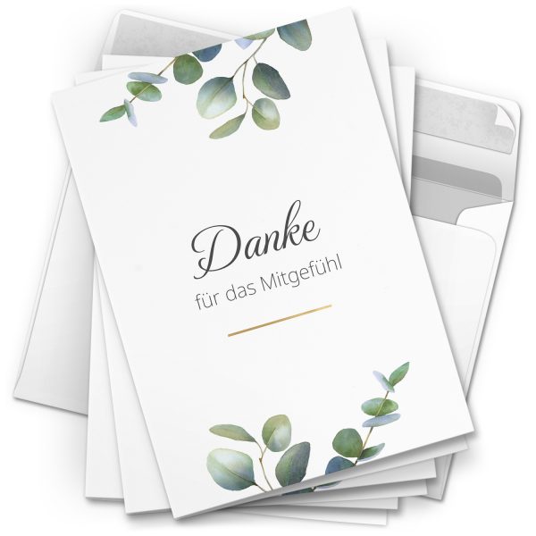 Danksagungskarten Trauer – 10 Stück mit Umschlägen – Motiv: Eukalyptus – Trauerkarten Danksagung mit Text – Dankeskarten Trauer nach Beerdigung