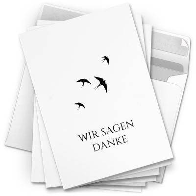 Danksagungskarten Trauer – 10 Stück mit Umschlägen – Motiv: Vögel schwarz weiss – Trauerkarten Danksagung mit Text – Dankeskarten Trauer nach Beerdigung