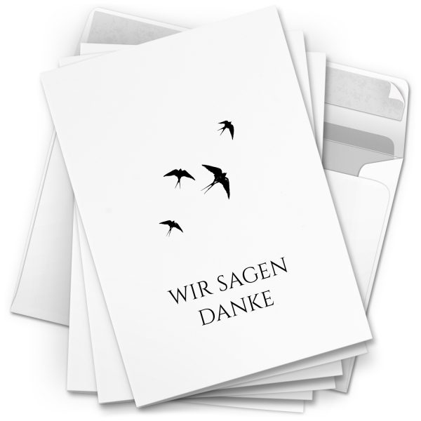 Danksagungskarten Trauer – 10 Stück mit Umschlägen – Motiv: Vögel schwarz weiss – Trauerkarten Danksagung mit Text – Dankeskarten Trauer nach Beerdigung