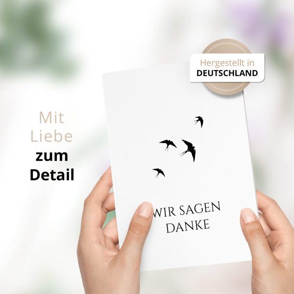 Danksagungskarten Trauer – 10 Stück mit Umschlägen – Motiv: Vögel schwarz weiss – Trauerkarten Danksagung mit Text – Dankeskarten Trauer nach Beerdigung – Bild 2