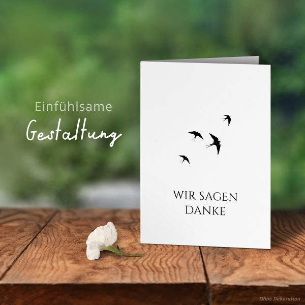 Danksagungskarten Trauer – 10 Stück mit Umschlägen – Motiv: Vögel schwarz weiss – Trauerkarten Danksagung mit Text – Dankeskarten Trauer nach Beerdigung – Bild 6