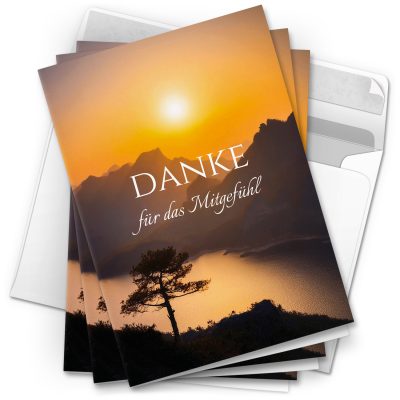 Danksagungskarten Trauer – 10 Stück mit Umschlägen – Motiv: Sonnenuntergang – Trauerkarten Danksagung mit Text – Dankeskarten Trauer nach Beerdigung