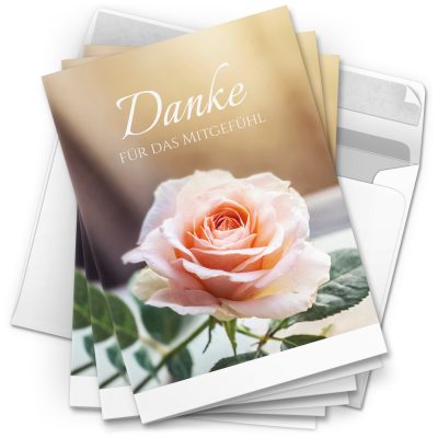 Danksagungskarten Trauer – 10 Stück mit Umschlägen – Motiv: Zarte Rose – Trauerkarten Danksagung mit Text – Dankeskarten Trauer nach Beerdigung