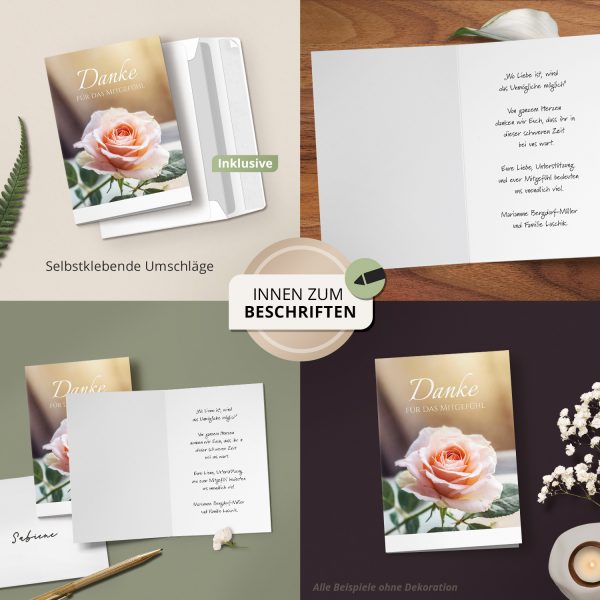 Danksagungskarten Trauer – 10 Stück mit Umschlägen – Motiv: Zarte Rose – Trauerkarten Danksagung mit Text – Dankeskarten Trauer nach Beerdigung – Bild 3