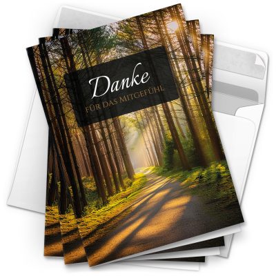 Danksagungskarten Trauer – 10 Stück mit Umschlägen – Motiv: Waldpfad– Trauerkarten Danksagung mit Text – Dankeskarten Trauer nach Beerdigung