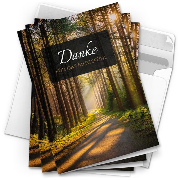 Danksagungskarten Trauer – 10 Stück mit Umschlägen – Motiv: Waldpfad– Trauerkarten Danksagung mit Text – Dankeskarten Trauer nach Beerdigung