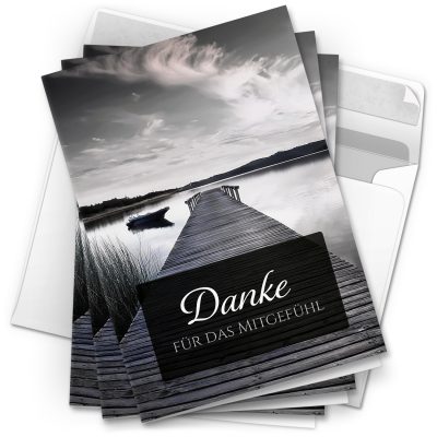 Danksagungskarten Trauer – 10 Stück mit Umschlägen – Motiv: Steg zum See – Trauerkarten Danksagung mit Text – Dankeskarten Trauer nach Beerdigung