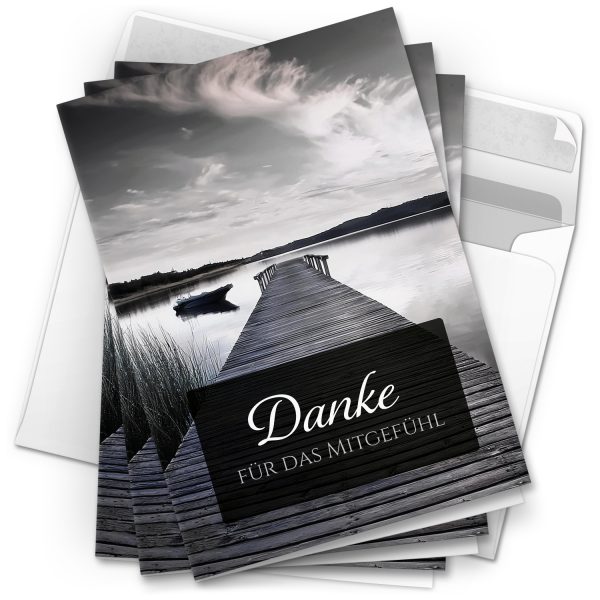 Danksagungskarten Trauer – 10 Stück mit Umschlägen – Motiv: Steg zum See – Trauerkarten Danksagung mit Text – Dankeskarten Trauer nach Beerdigung