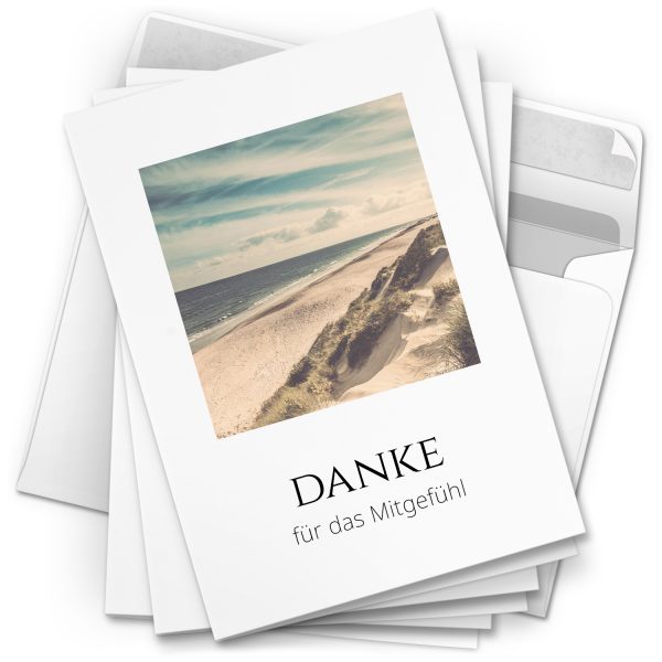 Danksagungskarten Trauer – 10 Stück mit Umschlägen – Motiv: Fenster zum Strand – Trauerkarten Danksagung mit Text – Dankeskarten Trauer nach Beerdigung