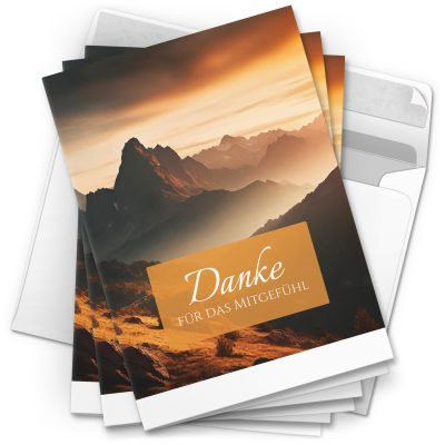 Danksagungskarten Trauer – 10 Stück mit Umschlägen – Motiv: Berg im Nebel – Trauerkarten Danksagung mit Text – Dankeskarten Trauer nach Beerdigung