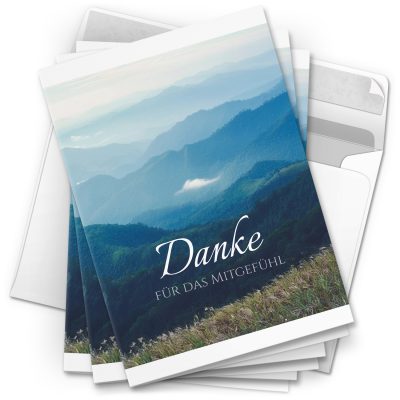 Danksagungskarten Trauer – 10 Stück mit Umschlägen – Motiv: Berge – Trauerkarten Danksagung mit Text – Dankeskarten Trauer nach Beerdigung