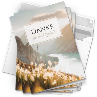 Danksagungskarten Trauer – 10 Stück mit Umschlägen – Motiv: Bergsee – Trauerkarten Danksagung mit Text – Dankeskarten Trauer nach Beerdigung