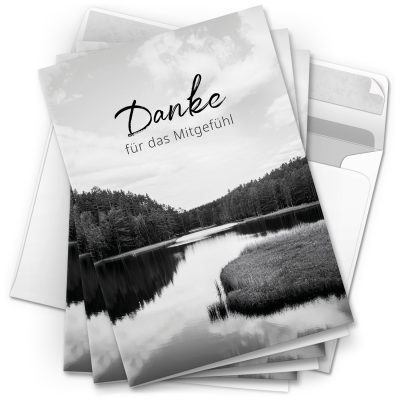 Danksagungskarten Trauer – 10 Stück mit Umschlägen – Motiv: See in schwarz weiss – Trauerkarten Danksagung mit Text – Dankeskarten Trauer Beerdigung