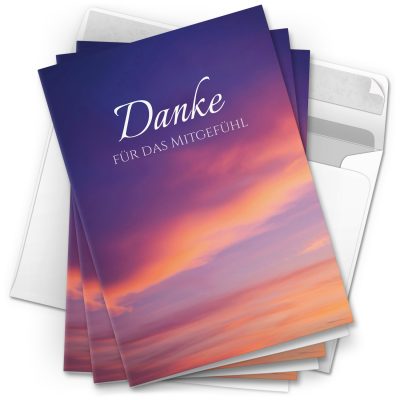 Danksagungskarten Trauer – 10 Stück mit Umschlägen – Motiv: Lila Wolken – Trauerkarten Danksagung mit Text – Dankeskarten Trauer nach Beerdigung