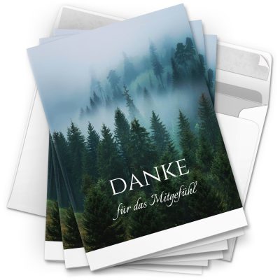 Danksagungskarten Trauer – 10 Stück mit Umschlägen – Motiv: Bäume im Nebel – Trauerkarten Danksagung mit Text – Dankeskarten Trauer nach Beerdigung