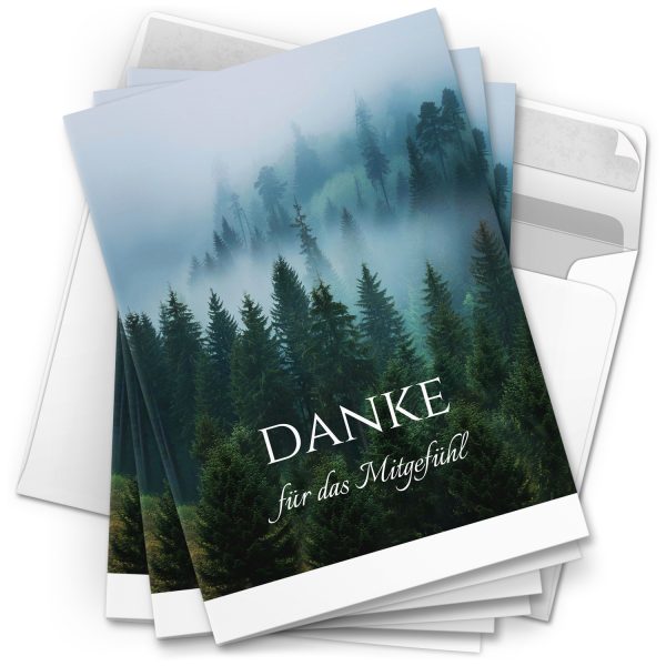 Danksagungskarten Trauer – 10 Stück mit Umschlägen – Motiv: Bäume im Nebel – Trauerkarten Danksagung mit Text – Dankeskarten Trauer nach Beerdigung
