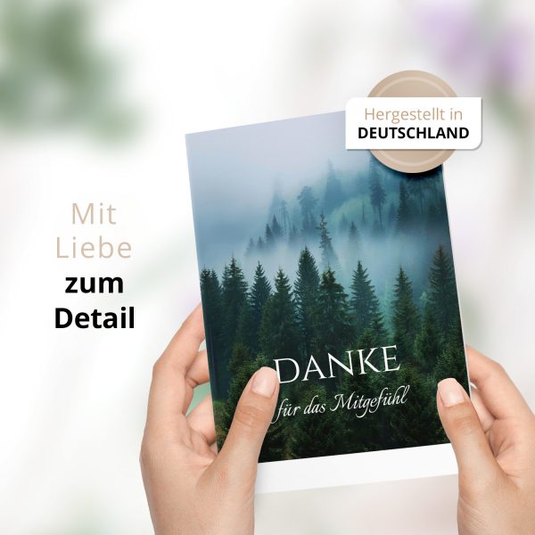 Danksagungskarten Trauer – 10 Stück mit Umschlägen – Motiv: Bäume im Nebel – Trauerkarten Danksagung mit Text – Dankeskarten Trauer nach Beerdigung – Bild 2
