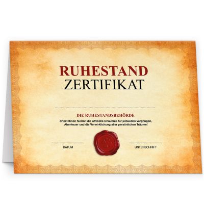 Rente Abschiedskarte (XXL - A4) - Zertifikat - Urkunde Vintage - große Klappkarte für Kollegen mit Umschlag zur Rente Ruhestand Pension Rentner Abschied
