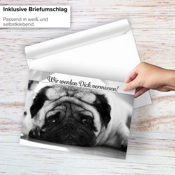 Große Abschiedskarte XXL (A4) Trauriger Mops - schwarz weiß mit Umschlag / Edle Design Klappkarte / Rente / Pension / Ruhestand / Verabschiedung / Letzter Arbeitstag / Gruß-Karte für Kollegen – Bild 2