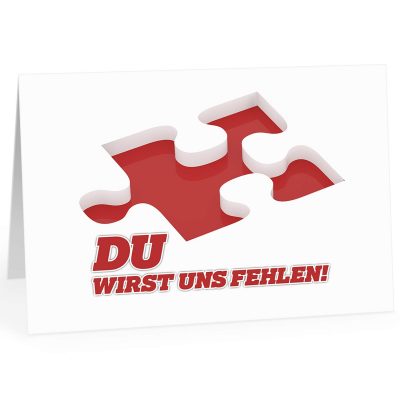 Große Abschiedskarte XXL (A4) Fehlendes Puzzle Teil Rot mit Umschlag / Edle Design Klappkarte / Rente / Pension / Ruhestand / Verabschiedung / Letzter Arbeitstag / Gruß-Karte für Kollegen