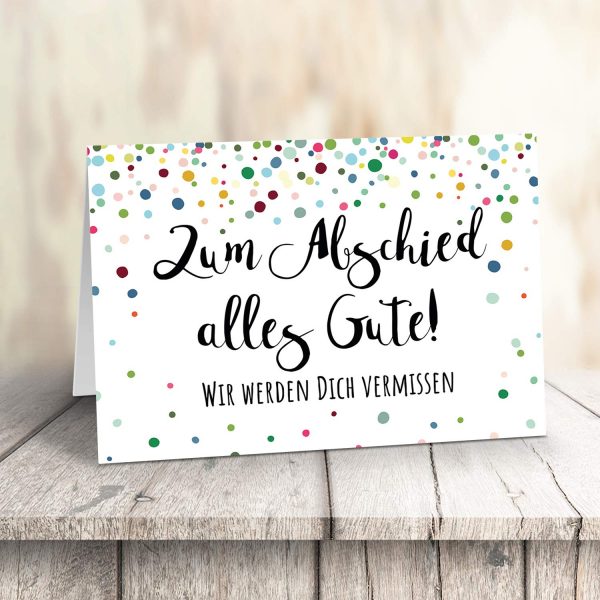 Große Abschiedskarte XXL (A4) Wir werden DICH vermissen - Konfetti bunt mit Umschlag / Edle Design Klappkarte / Rente / Pension / Ruhestand / Verabschiedung / Letzter Arbeitstag / Gruß-Karte für Kollegen – Bild 3