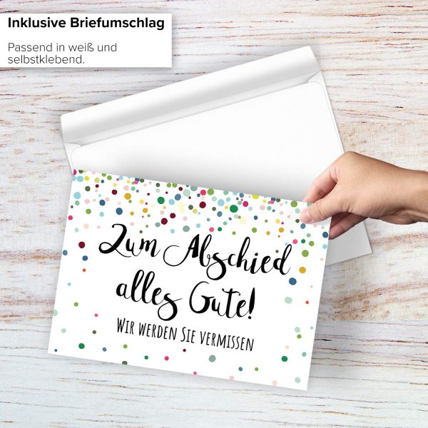 Große Abschiedskarte XXL (A4) Wir werden SIE vermissen - Konfetti bunt mit Umschlag / Edle Design Klappkarte / Rente / Pension / Ruhestand / Verabschiedung / Letzter Arbeitstag / Gruß-Karte für Kollegen – Bild 2