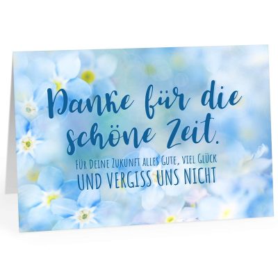 Große Abschiedskarte XXL (A4) Vergiss uns nicht - Blaue Blumen mit Umschlag / Edle Design Klappkarte / Rente / Pension / Ruhestand / Verabschiedung / Letzter Arbeitstag / Gruß-Karte für Kollegen