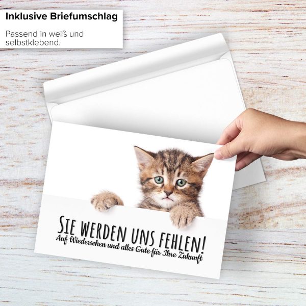 Große Abschiedskarte XXL (A4) Sie werden uns hier fehlen - Traurige Katze mit Umschlag / Edle Design Klappkarte / Rente / Pension / Ruhestand / Verabschiedung / Letzter Arbeitstag / Gruß-Karte für Kollegen – Bild 2