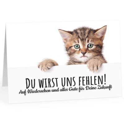 Große Abschiedskarte XXL (A4) Du wirst uns hier fehlen - Traurige Katze mit Umschlag / Edle Design Klappkarte / Rente / Pension / Ruhestand / Verabschiedung / Letzter Arbeitstag / Gruß-Karte für Kollegen