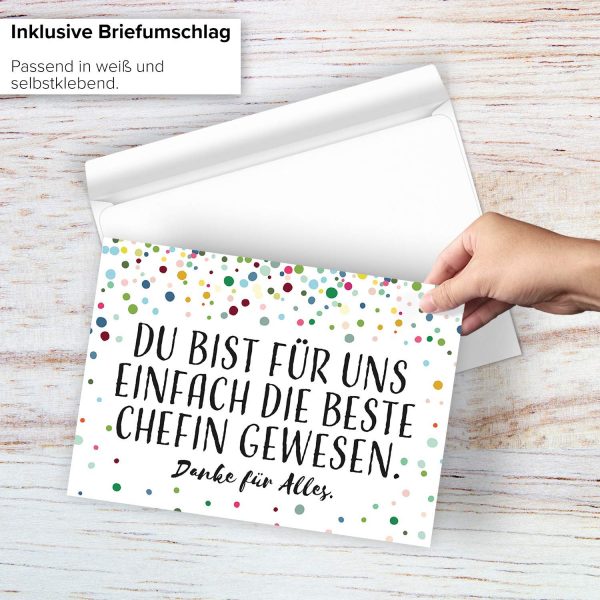 Große Abschiedskarte XXL (A4) Konfetti Look Modern - persönlich / mit Umschlag / Edle Design Klappkarte / Rente / Pension / Ruhestand / Verabschiedung / Letzter Arbeitstag / Gruß-Karte für den Chefin – Bild 2