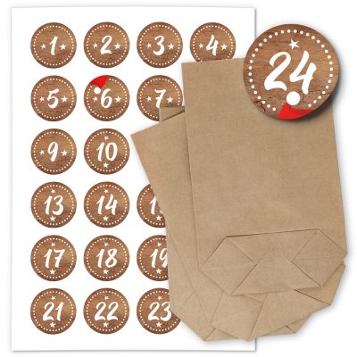 ADVENTSKALENDER SET zum Befüllen - Holz Look braun - mit 24 Tüten und passenden weihnachtlichen Zahlen Aufklebern für Weihnachten, Advent