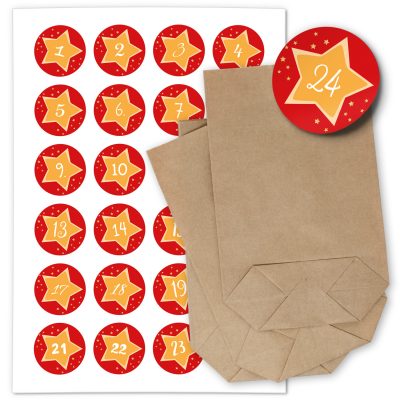 ADVENTSKALENDER SET zum Befüllen - Gelber Stern auf Rot - mit 24 Tüten und passenden weihnachtlichen Zahlen Aufklebern für Weihnachten, Advent