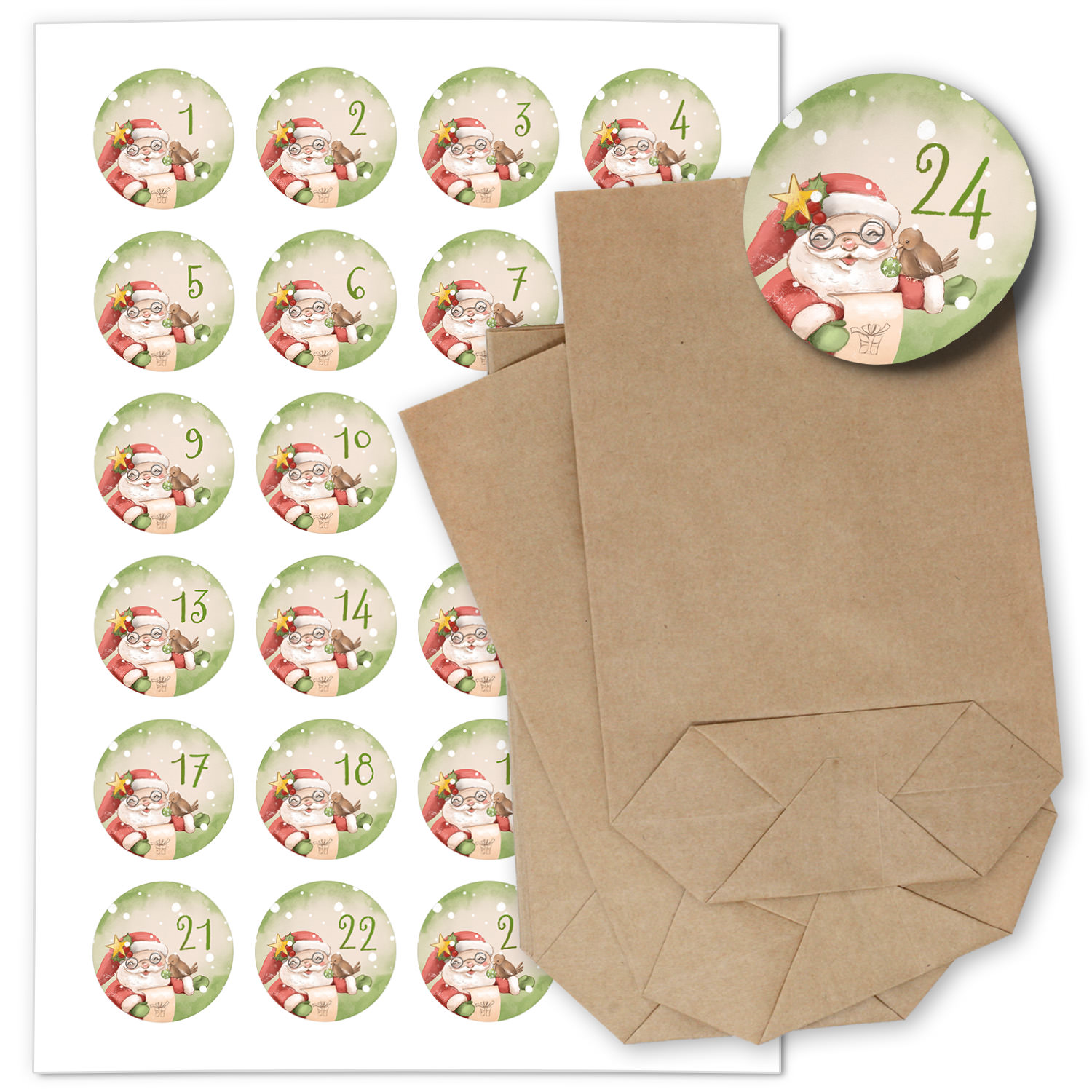 ADVENTSKALENDER SET zum Befüllen - Niedlicher Weihnachtsmann - mit 24 Tüten und passenden weihnachtlichen Zahlen Aufklebern für Weihnachten, Advent