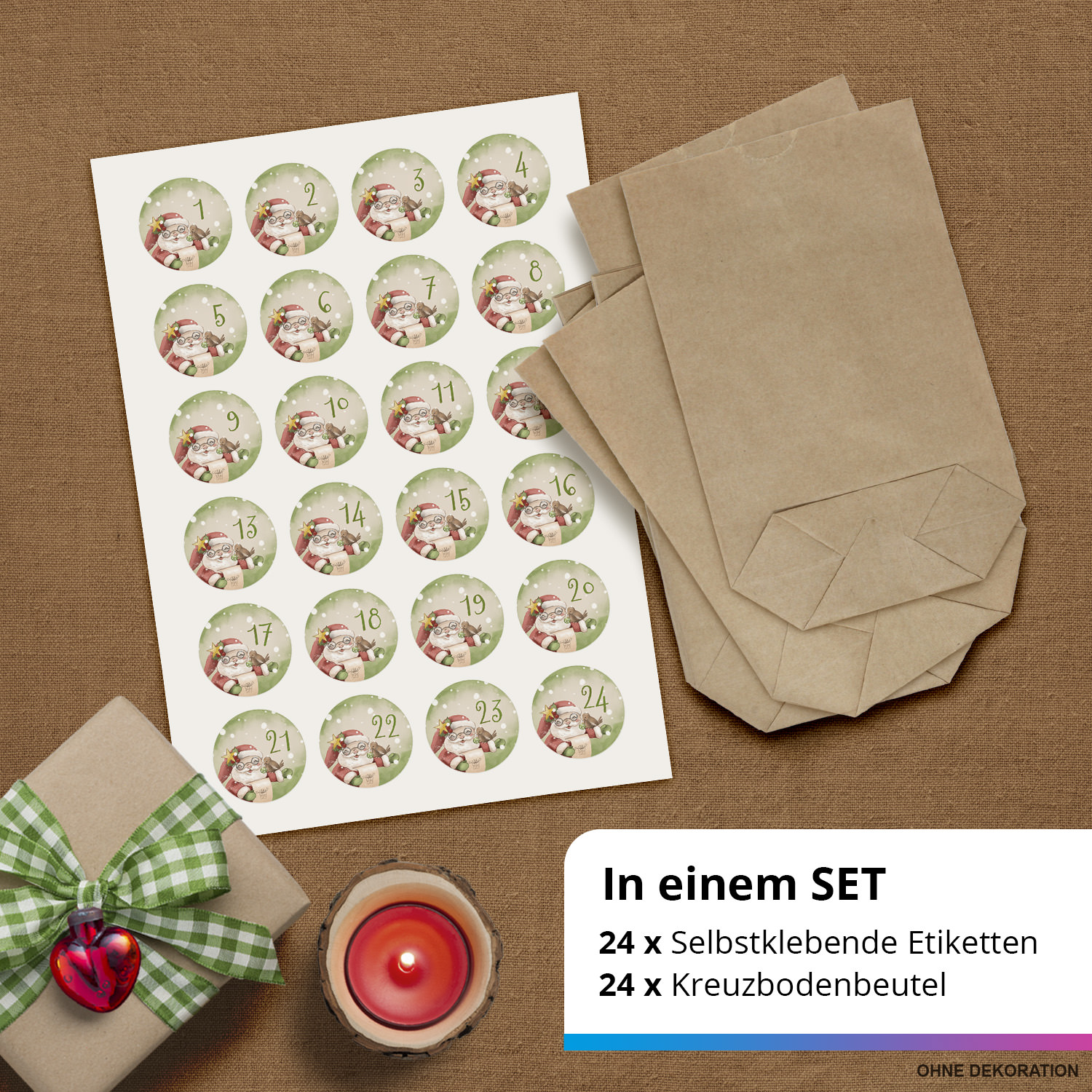 ADVENTSKALENDER SET zum Befüllen - Niedlicher Weihnachtsmann - mit 24 Tüten und passenden weihnachtlichen Zahlen Aufklebern für Weihnachten, Advent – Bild 2