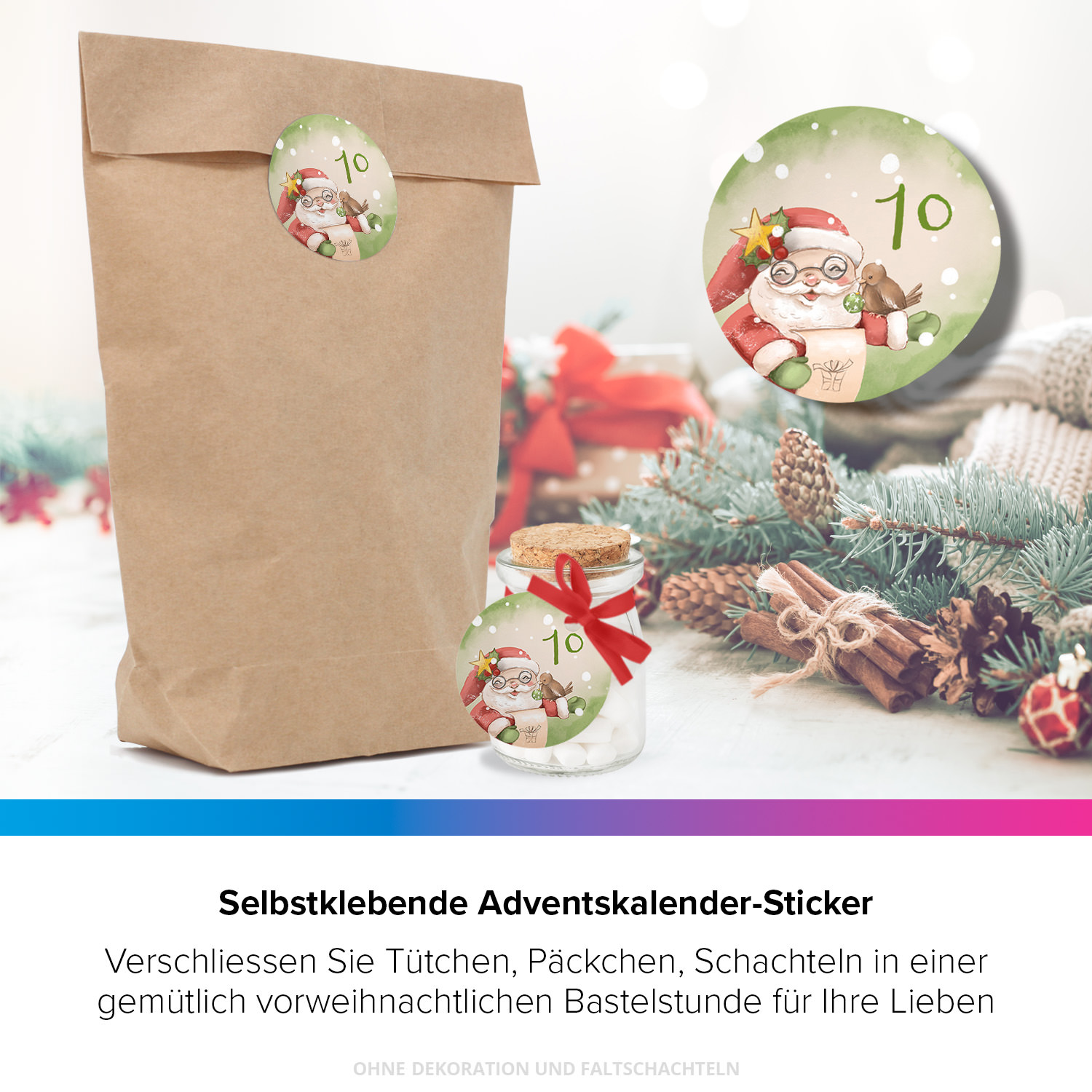 ADVENTSKALENDER SET zum Befüllen - Niedlicher Weihnachtsmann - mit 24 Tüten und passenden weihnachtlichen Zahlen Aufklebern für Weihnachten, Advent – Bild 3