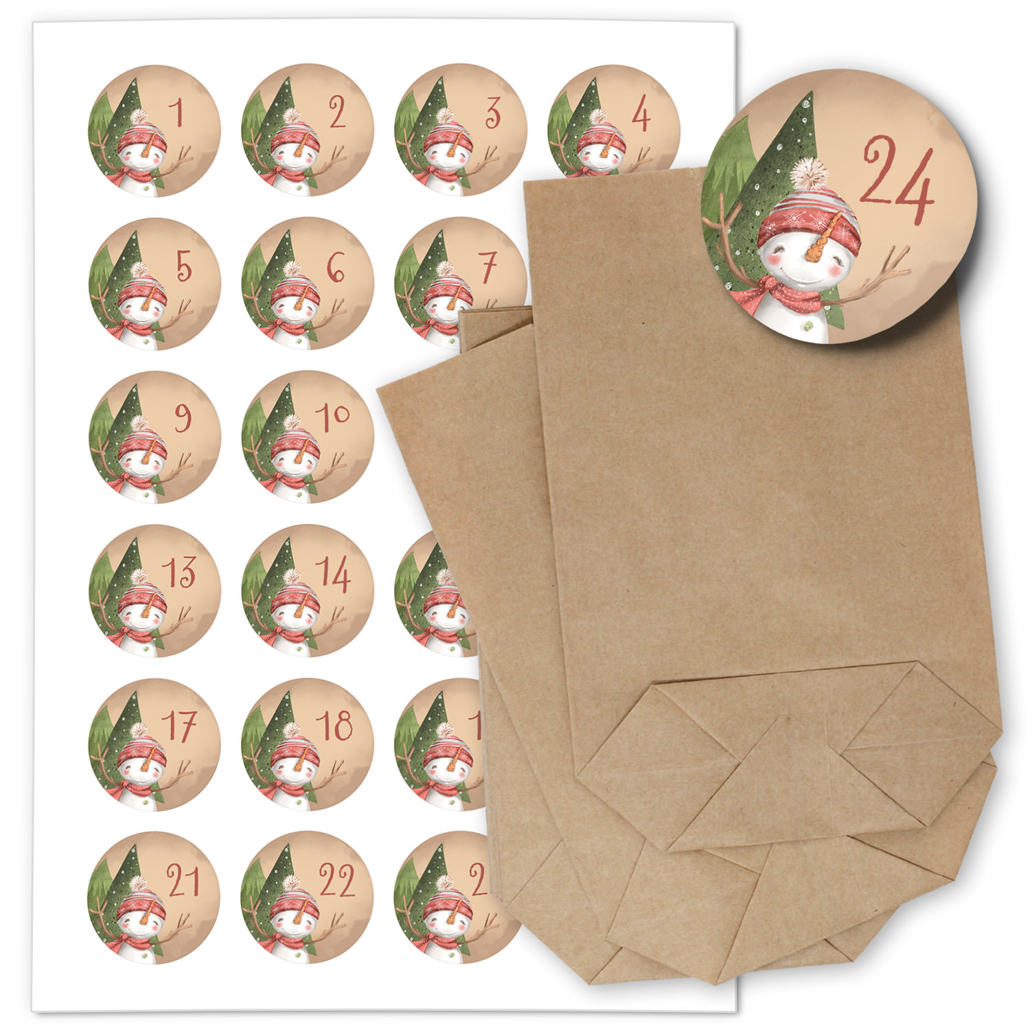 ADVENTSKALENDER SET zum Befüllen - Niedlicher Schneemann - mit 24 Tüten und passenden weihnachtlichen Zahlen Aufklebern für Weihnachten, Advent