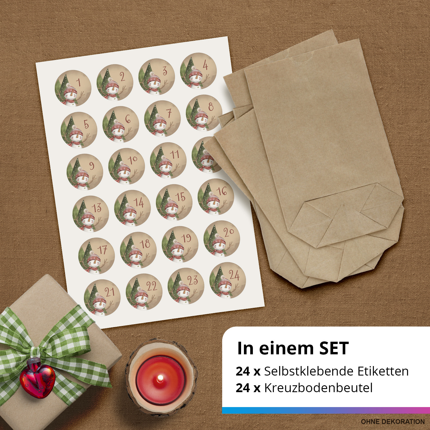 ADVENTSKALENDER SET zum Befüllen - Niedlicher Schneemann - mit 24 Tüten und passenden weihnachtlichen Zahlen Aufklebern für Weihnachten, Advent – Bild 2