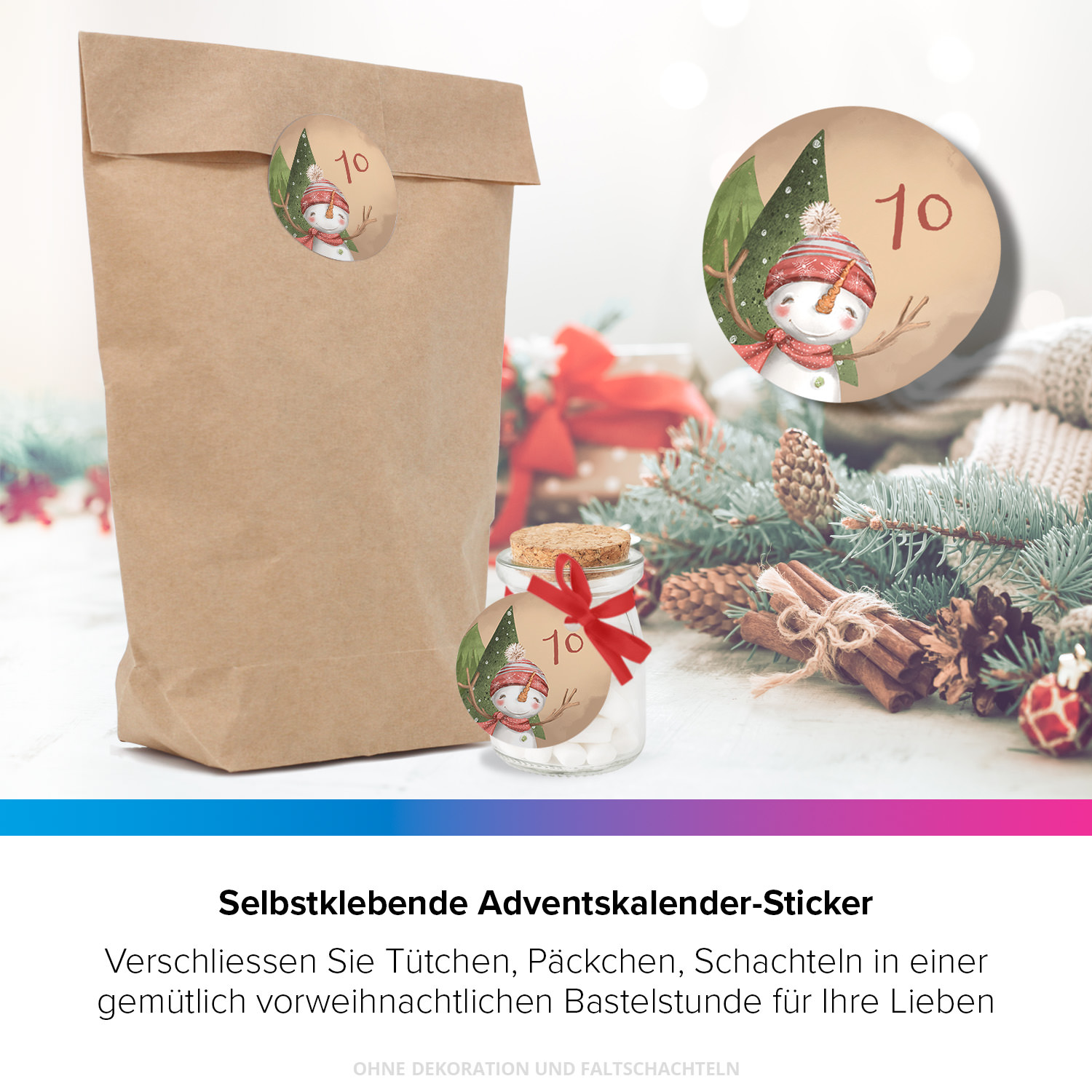 ADVENTSKALENDER SET zum Befüllen - Niedlicher Schneemann - mit 24 Tüten und passenden weihnachtlichen Zahlen Aufklebern für Weihnachten, Advent – Bild 3