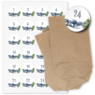 ADVENTSKALENDER SET zum Befüllen - Winterlandschaft Aquarell Look - mit 24 Tüten und passenden weihnachtlichen Zahlen Aufklebern für Weihnachten, Advent