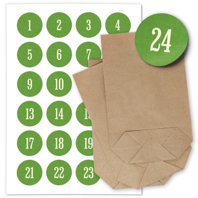 ADVENTSKALENDER SET zum Befüllen - Zahl auf Grün - mit 24 Tüten und passenden weihnachtlichen Zahlen Aufklebern für Weihnachten, Advent