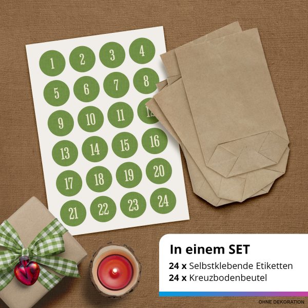 ADVENTSKALENDER SET zum Befüllen - Zahl auf Grün - mit 24 Tüten und passenden weihnachtlichen Zahlen Aufklebern für Weihnachten, Advent – Bild 2