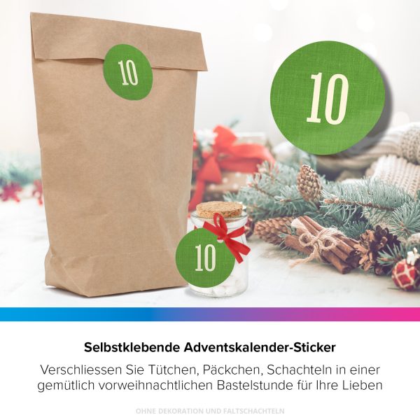 ADVENTSKALENDER SET zum Befüllen - Zahl auf Grün - mit 24 Tüten und passenden weihnachtlichen Zahlen Aufklebern für Weihnachten, Advent – Bild 3